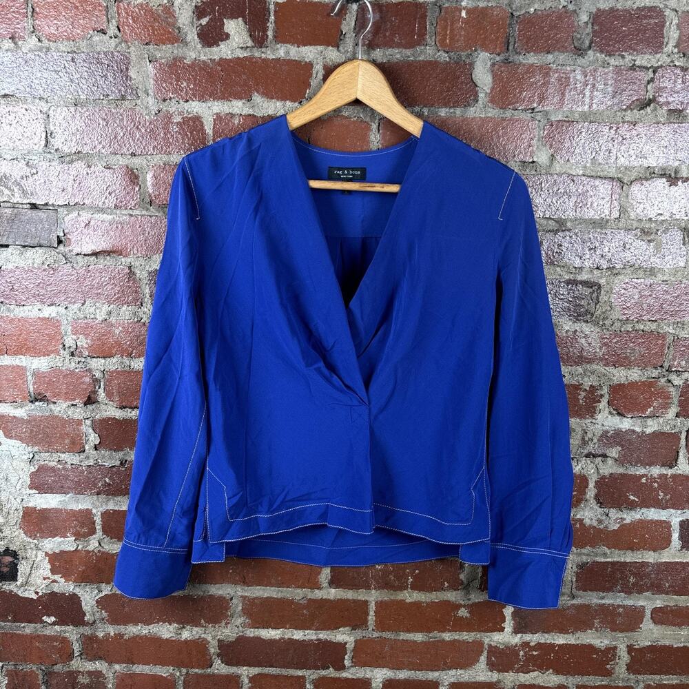 Rag & Bone Blouse Womens XS Blue Silk V Neck Draped Long Sleeve Top Lightweight